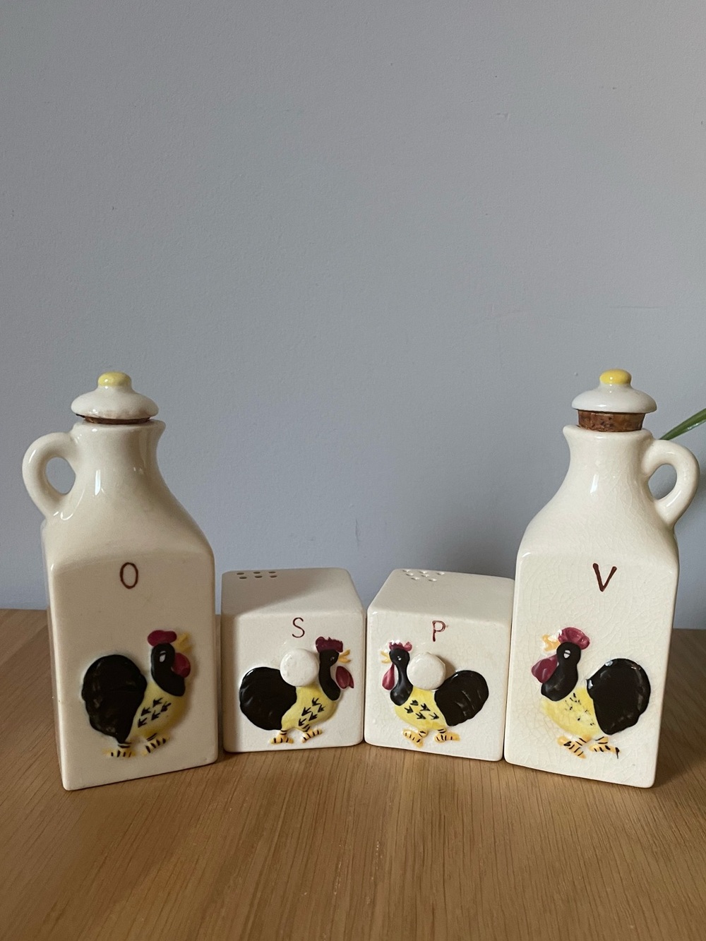 Vintage Ceramic Rooster Oil & Vinegar Set with Salt & Pepper Shakers 1950s Japan